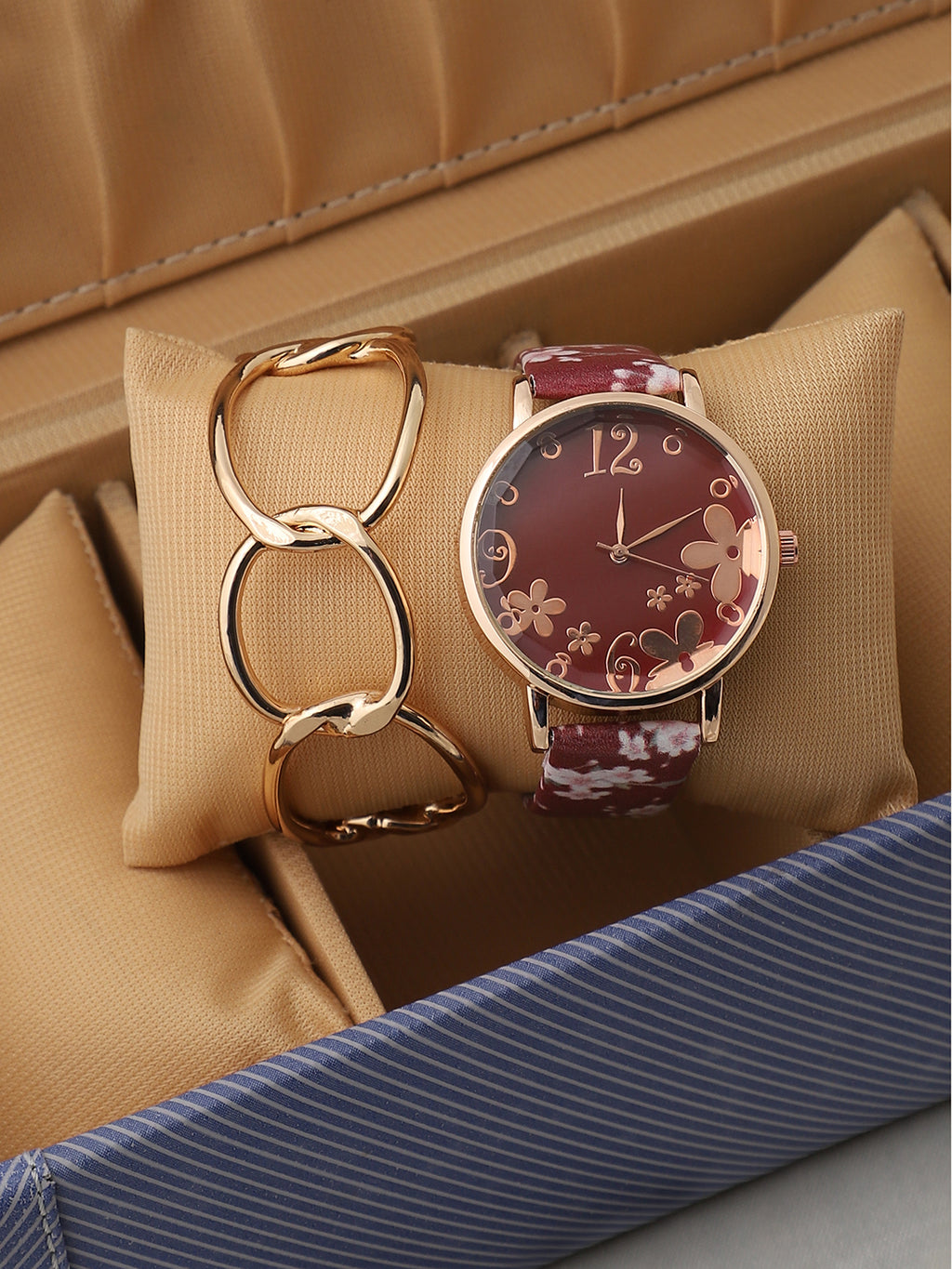 Brown Decorative Analog Round Dial With Floral Printed Leather Strap Watch & Bracelet