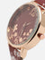 BROWN DECORATIVE ANALOG ROUND DIAL WITH FLORAL PRINTED LEATHER STRAP WATCH AND BRACELET