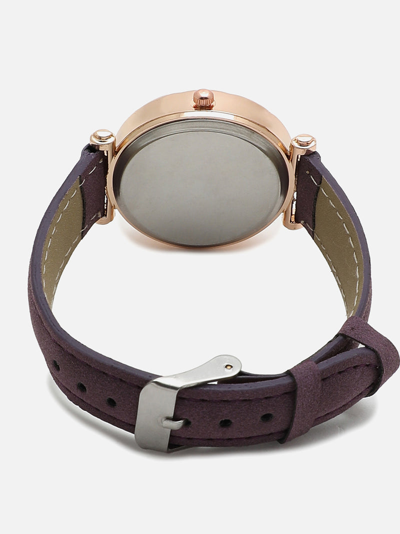 Purple Embellished Decorative Analog Round Dial With Suede Strap Watch & Bracelets