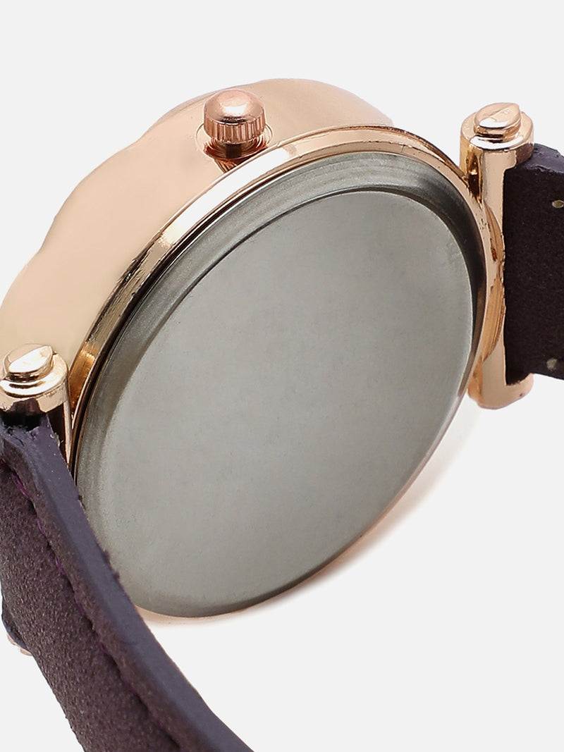 Purple Embellished Decorative Analog Round Dial With Suede Strap Watch & Bracelets
