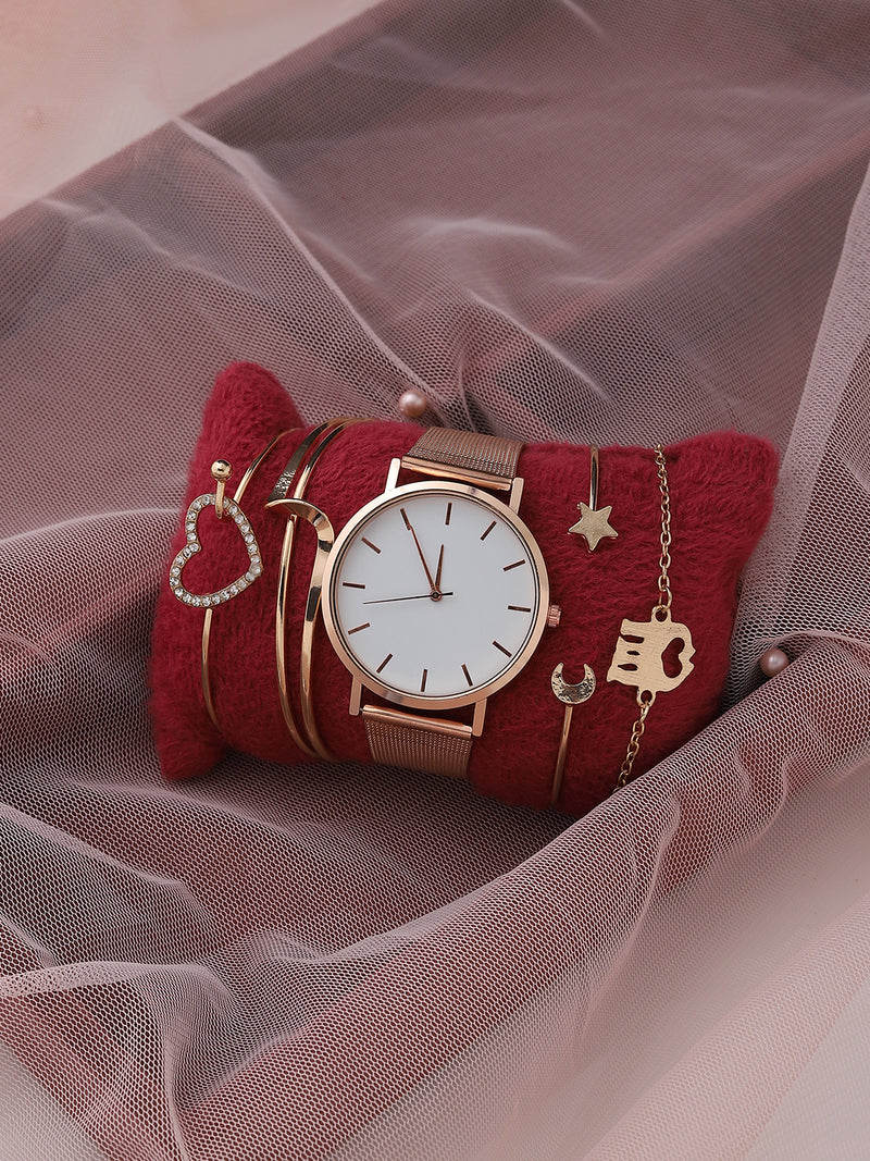 White Analog Round Dial With Gold Metal Strap Watch & Bracelets