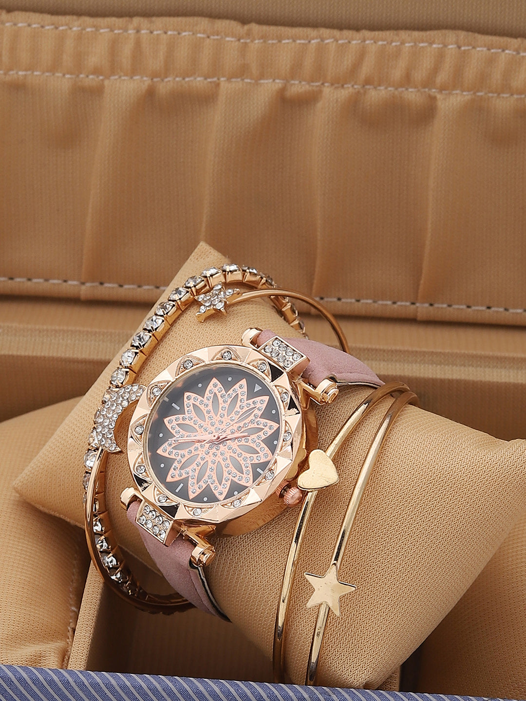 Gold Embellished Decorative Analog Round Dial With Pink Suede Strap Watch & Bracelets