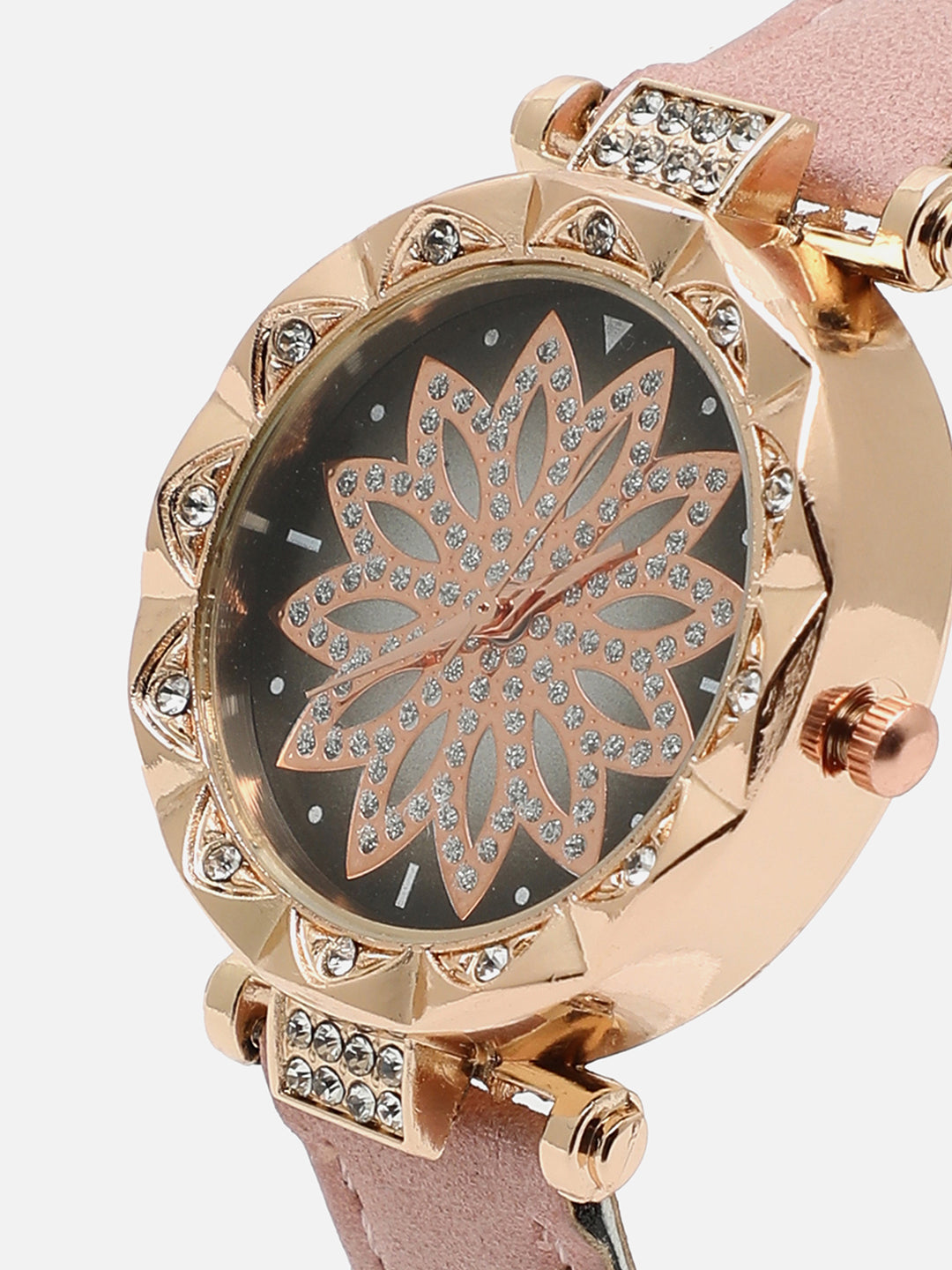 Gold Embellished Decorative Analog Round Dial With Pink Suede Strap Watch & Bracelets