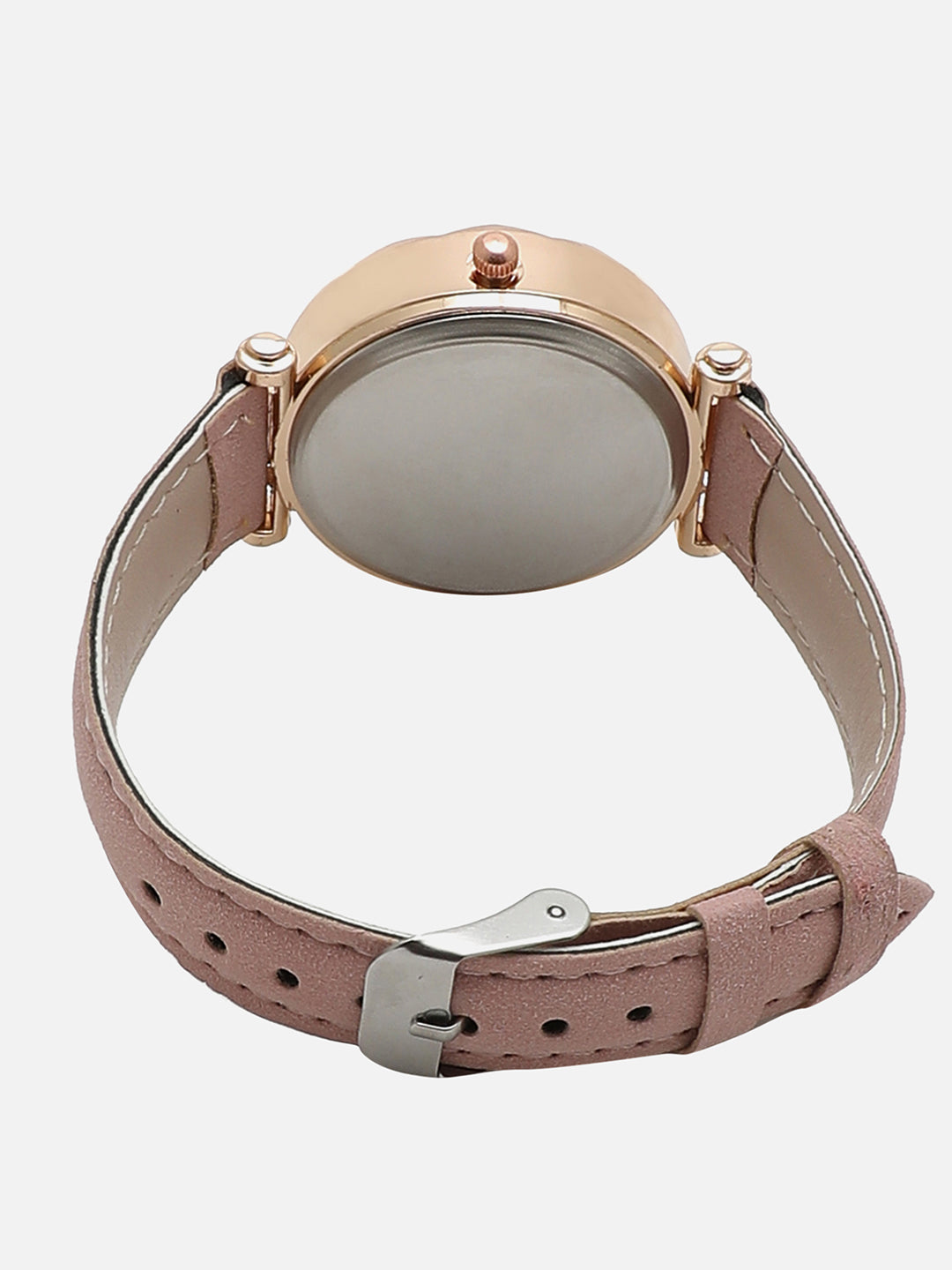 Gold Embellished Decorative Analog Round Dial With Pink Suede Strap Watch & Bracelets