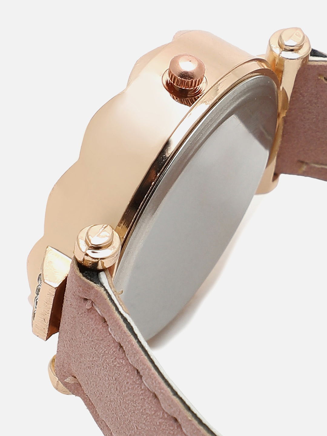 Gold Embellished Decorative Analog Round Dial With Pink Suede Strap Watch & Bracelets