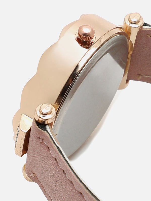 Gold Embellished Decorative Analog Round Dial With Pink Suede Strap Watch & Bracelets