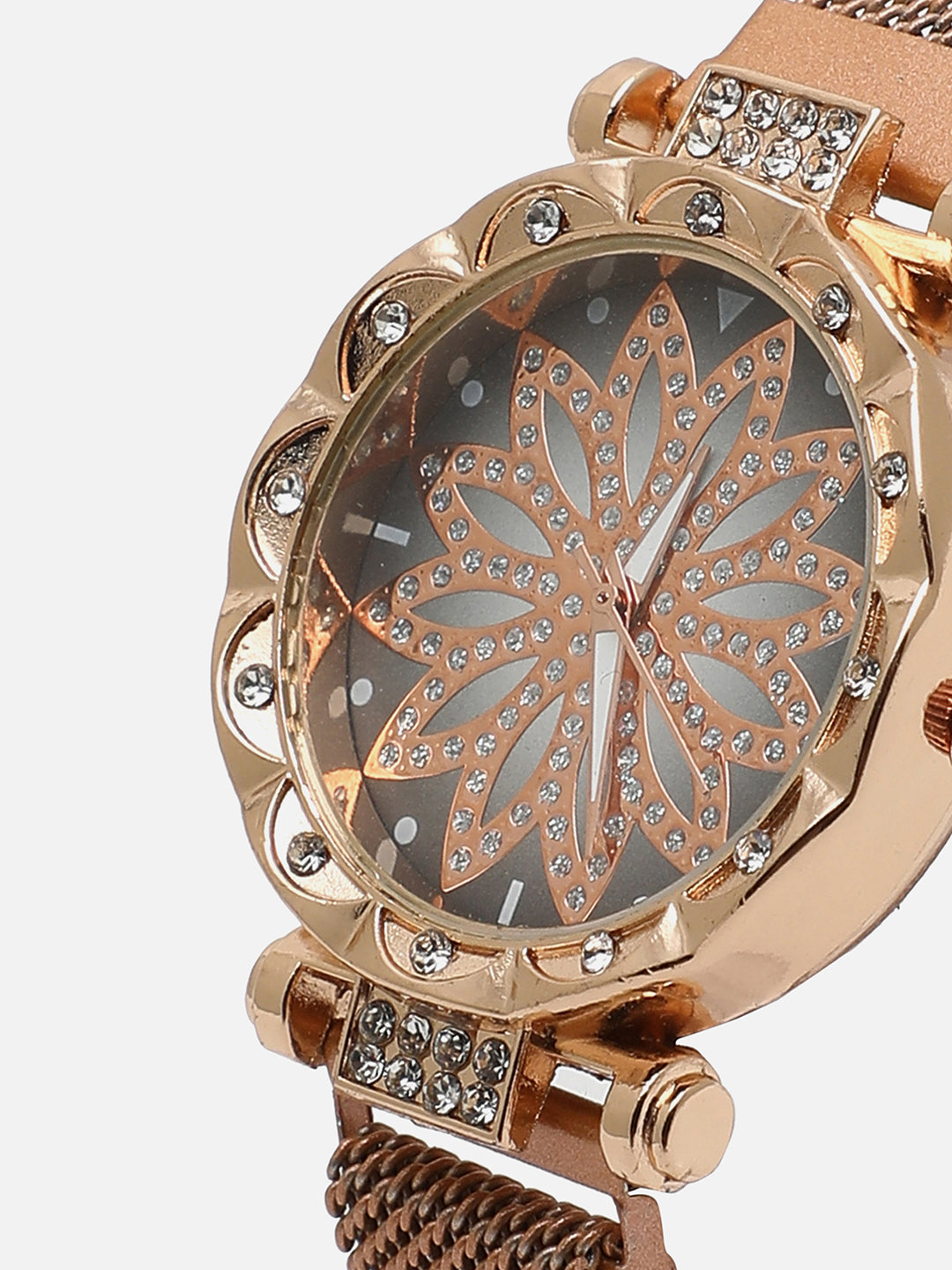 Black Embellished Decorative Analog Round Dial With Gold Metal Mesh Strap Watch & Bracelets