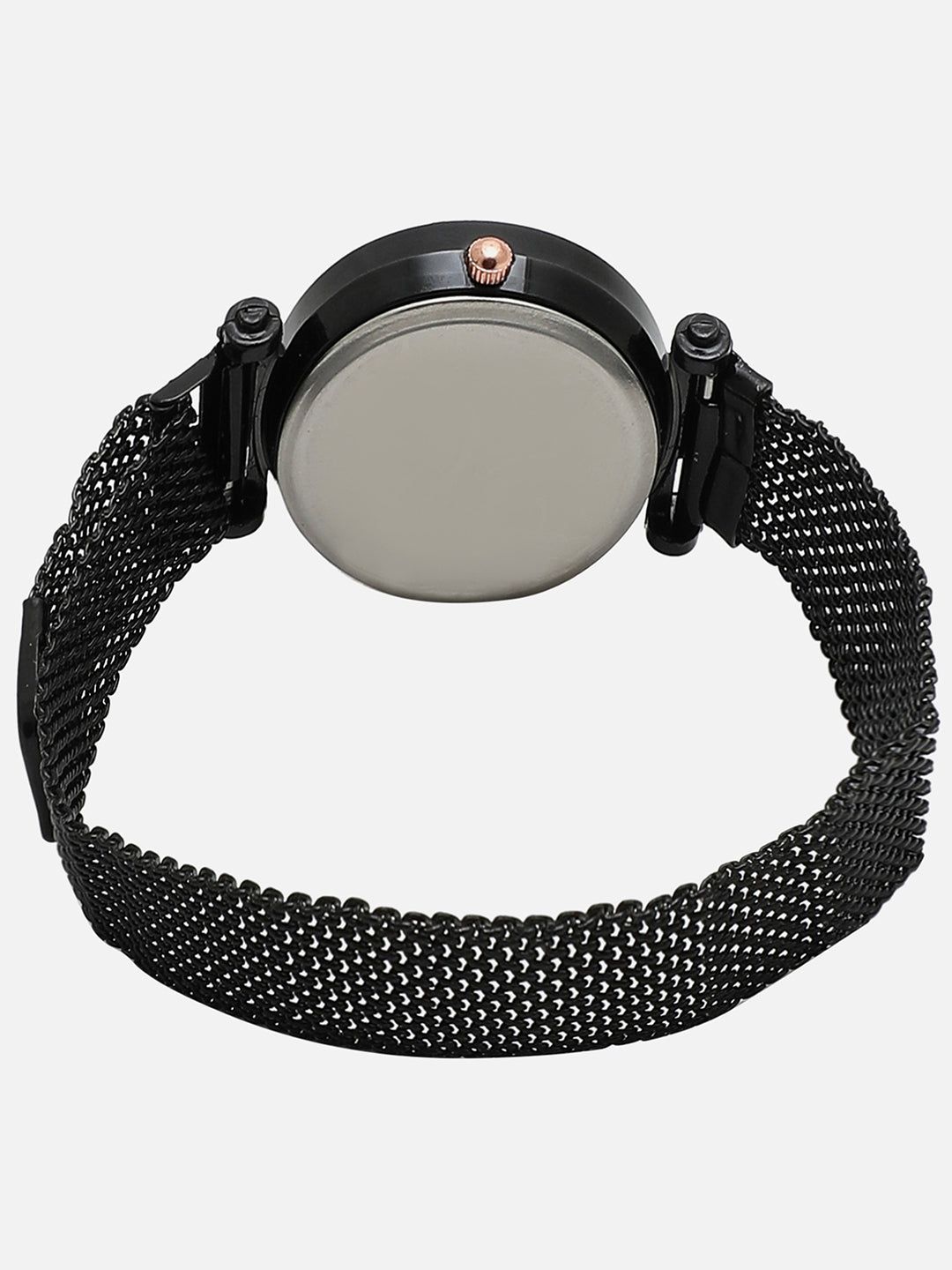 Black Embellished Analog Round Dial With Black Metal Mesh Strap Watch & Bracelets