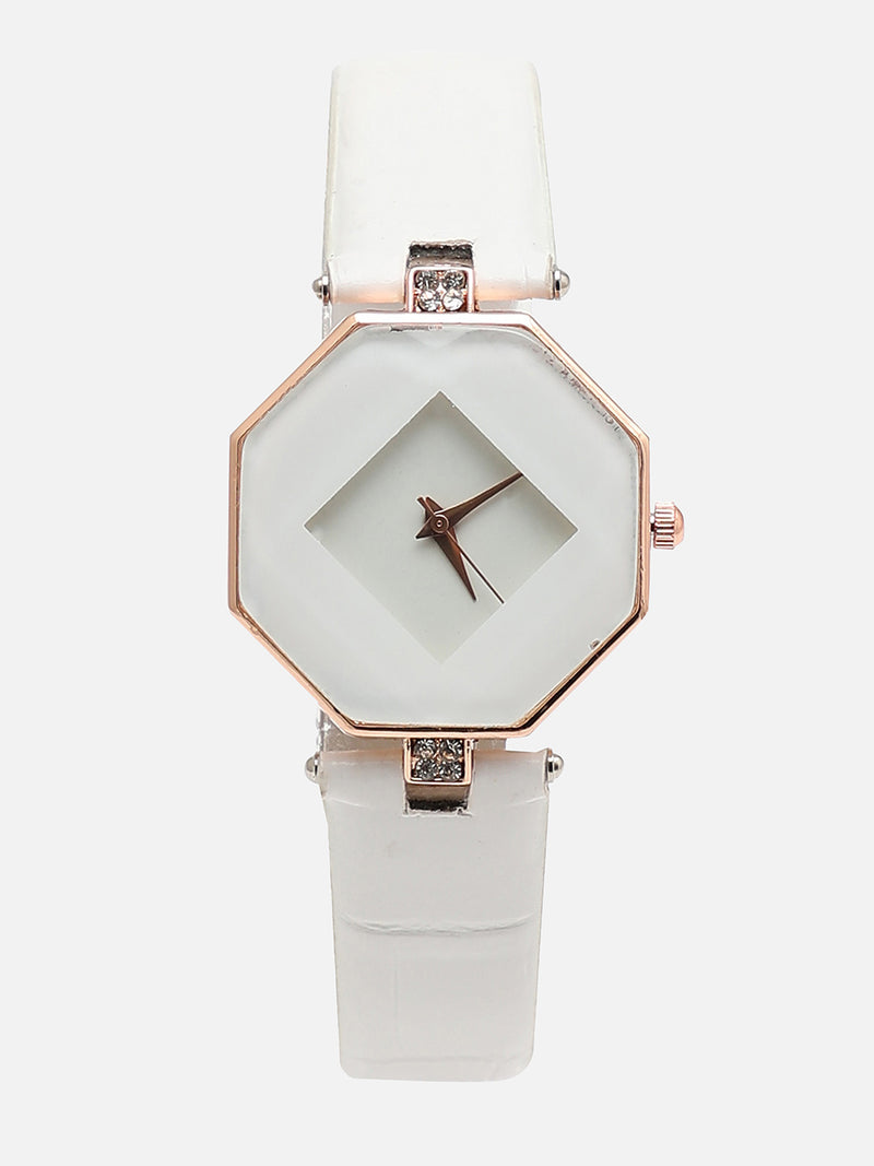 Women White Hectagon Analogue Watch