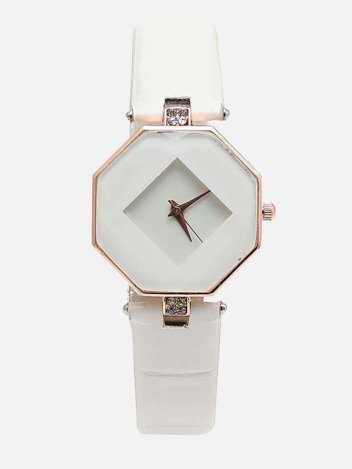 Women White Hectagon Analogue Watch