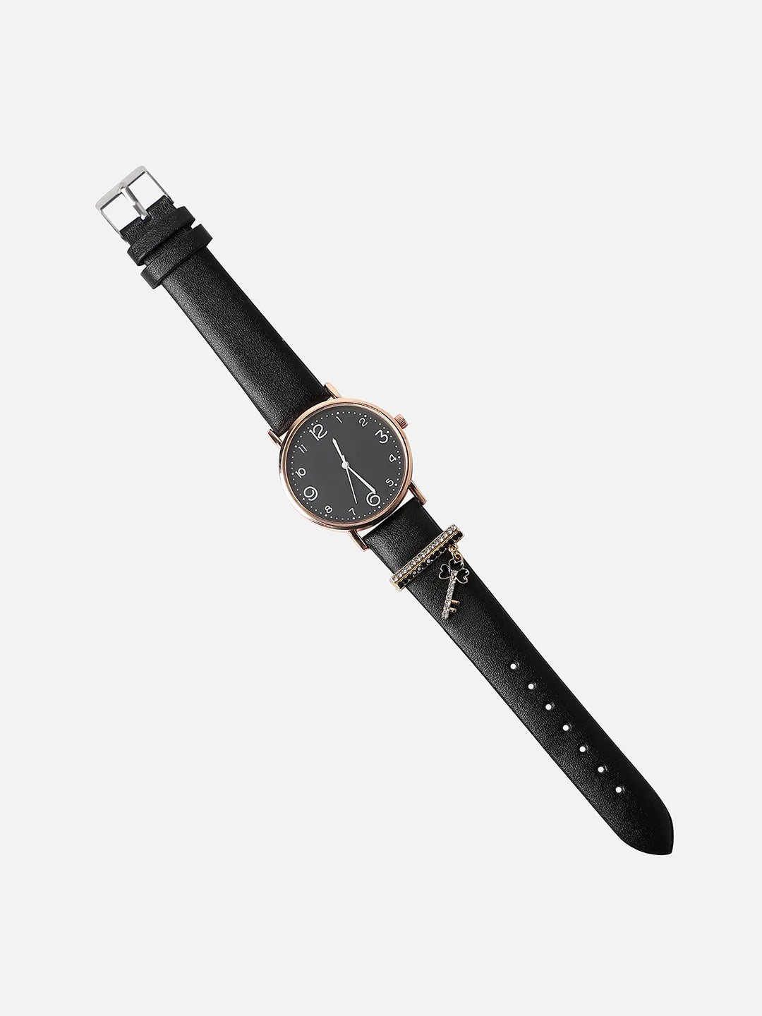 Round Analog Watch With Enamel Key Watch Charm - Black