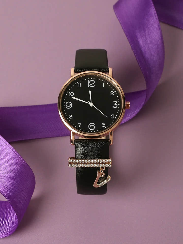Round Analog Watch With V Liberty Initial Watch Charm - Black