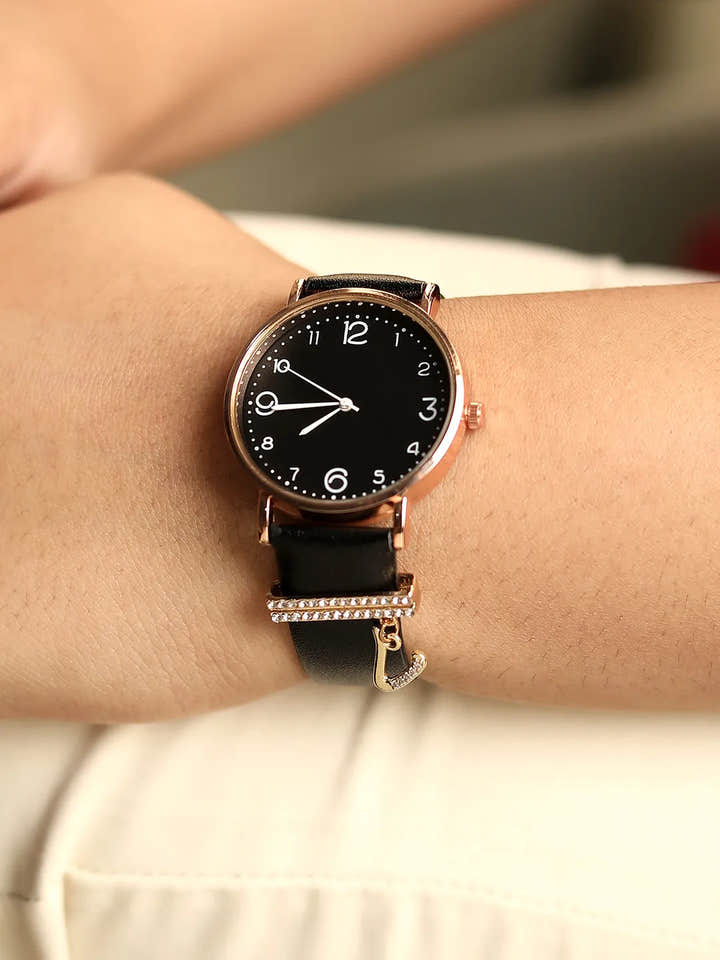 Round Analog Watch With V Liberty Initial Watch Charm - Black