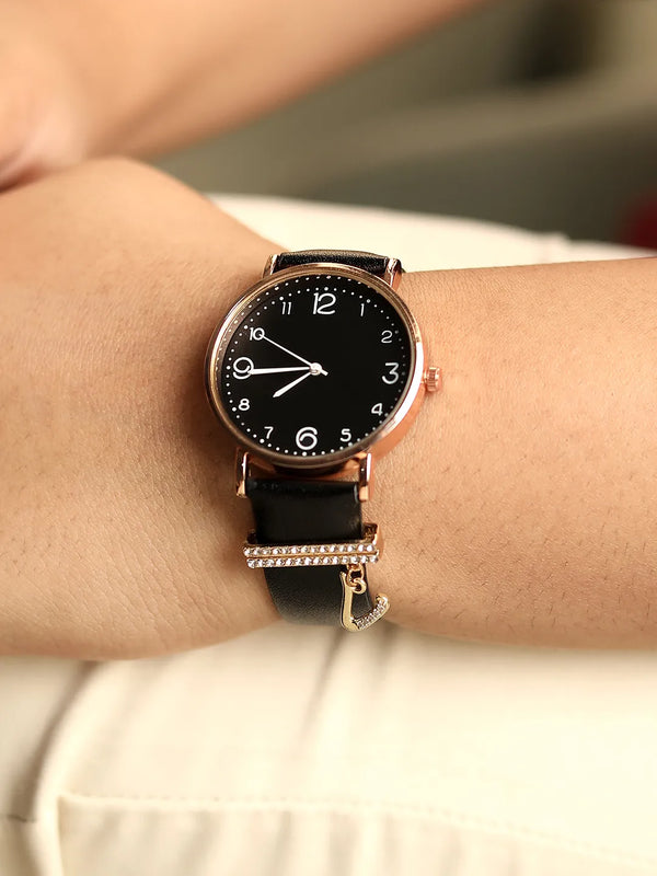 Round Analog Watch With V Liberty Initial Watch Charm - Black
