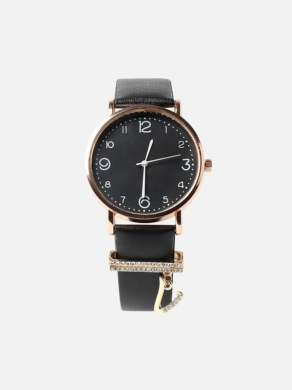 Round Analog Watch With V Liberty Initial Watch Charm - Black