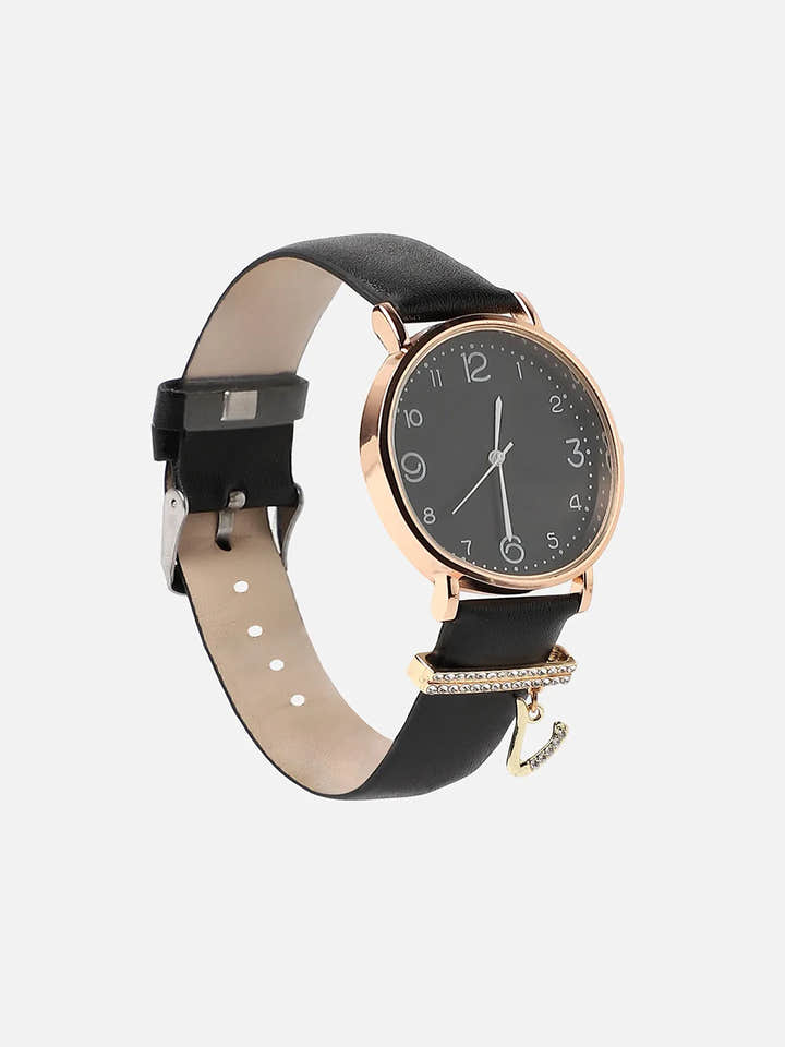 Round Analog Watch With V Liberty Initial Watch Charm - Black