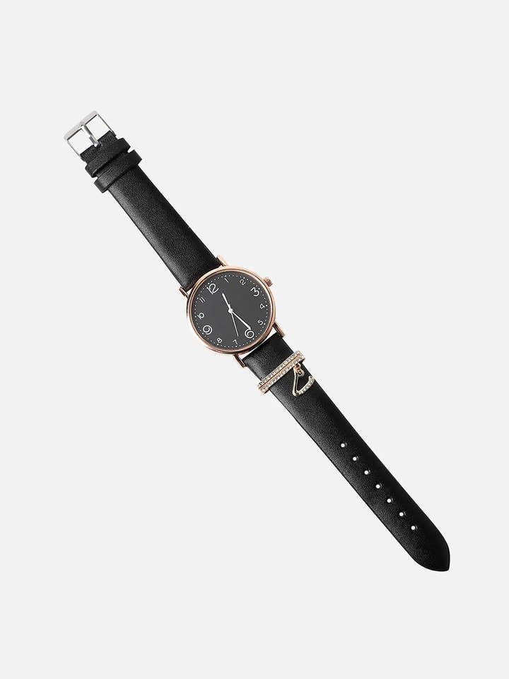 Round Analog Watch With V Liberty Initial Watch Charm - Black