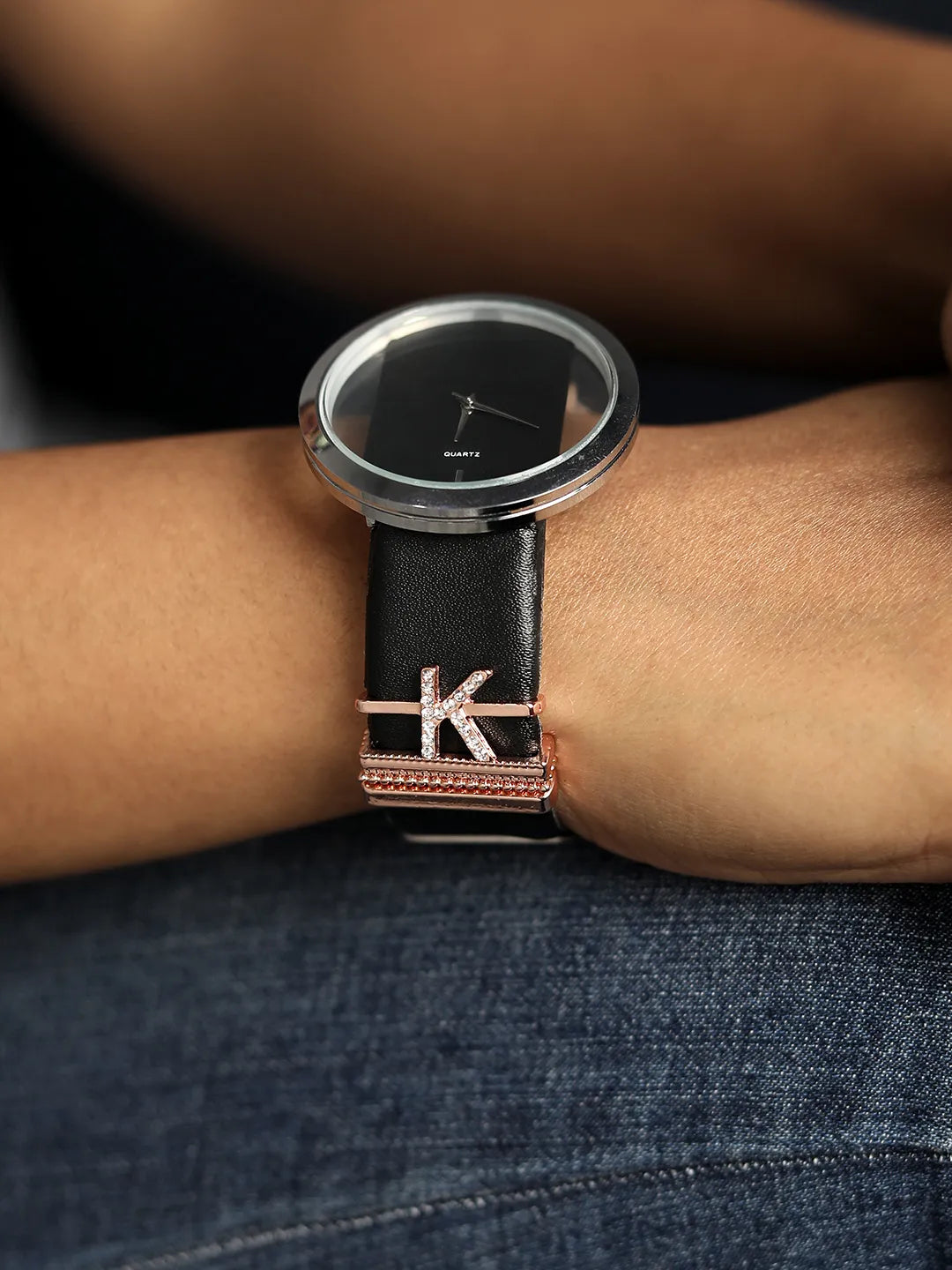 Round Analog Watch With K Initial Watch Charm - Black