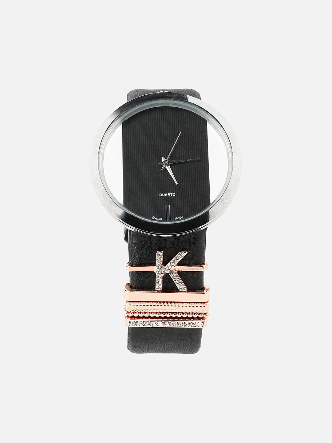 Round Analog Watch With K Initial Watch Charm - Black