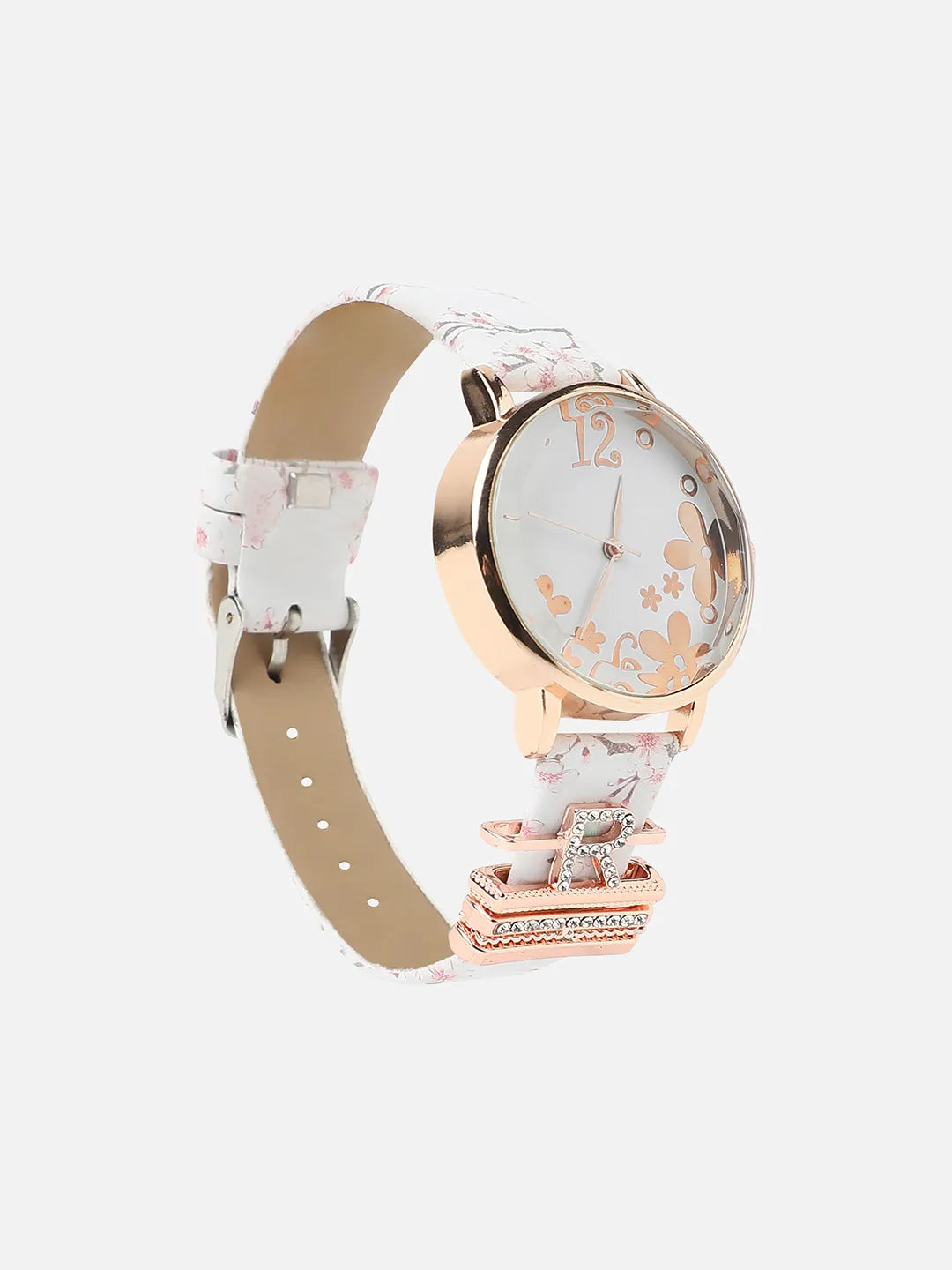 Round Analog Watch With R Initial Watch Charm - White