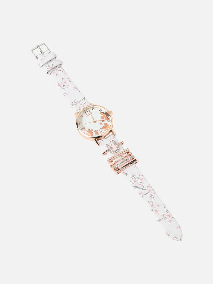 Round Analog Watch With U Initial Watch Charm - White