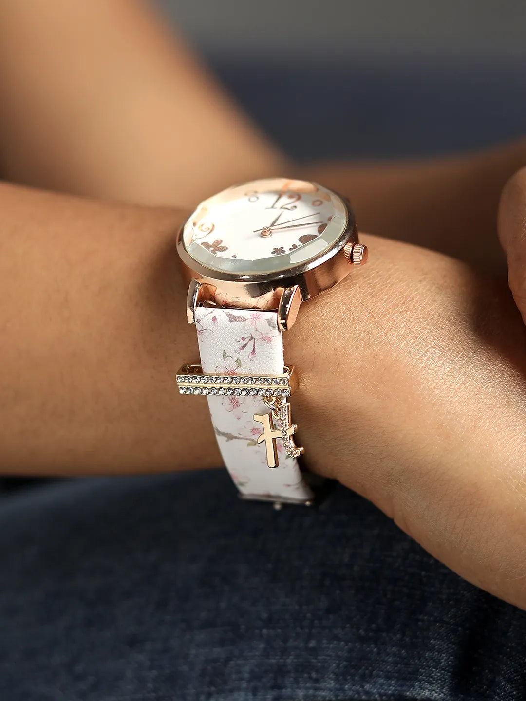 Round Analog Watch With H Liberty Initial Watch Charm - White