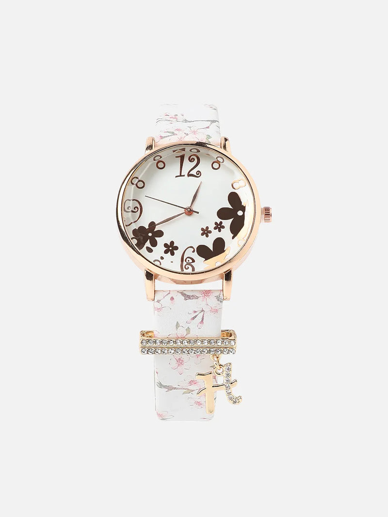 Round Analog Watch With H Liberty Initial Watch Charm - White