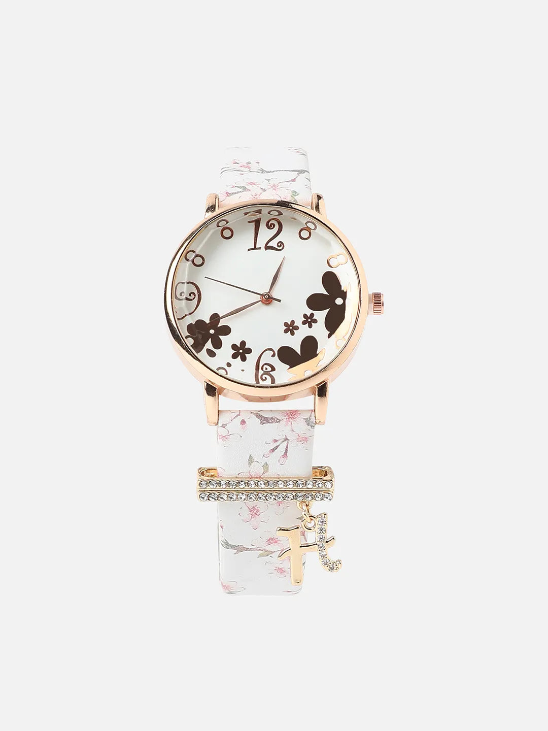 Round Analog Watch With H Liberty Initial Watch Charm - White