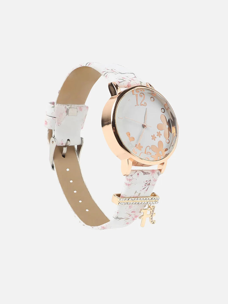 Round Analog Watch With H Liberty Initial Watch Charm - White