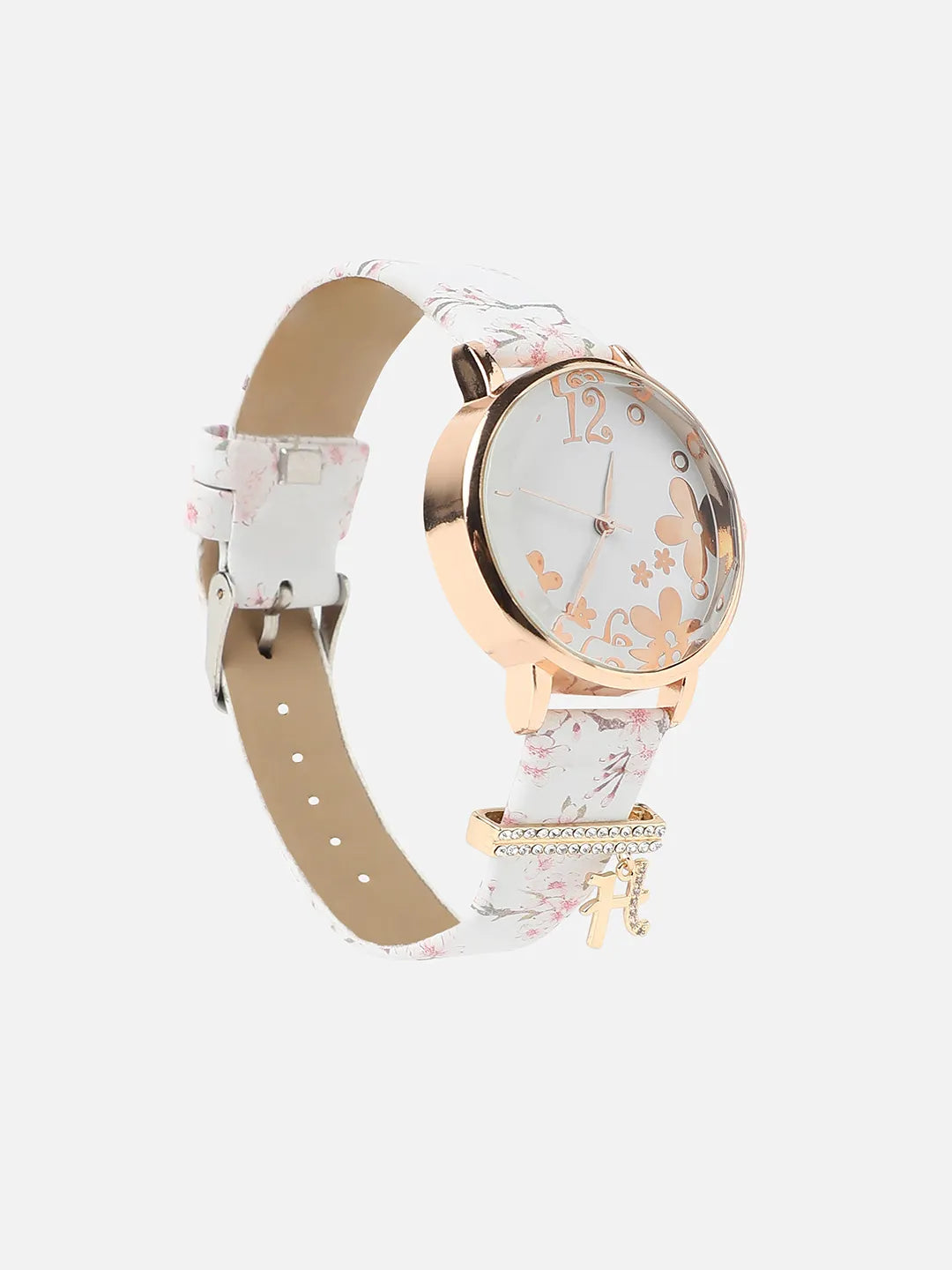 Round Analog Watch With H Liberty Initial Watch Charm - White