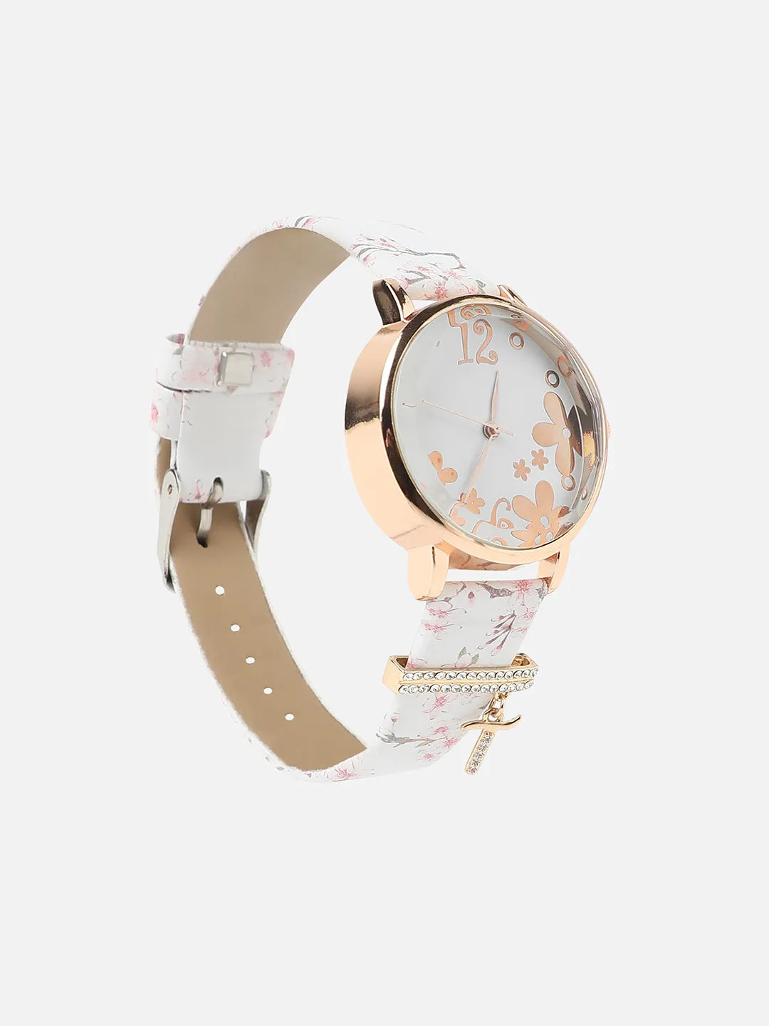 Round Analog Watch With T Liberty Initial Watch Charm - White