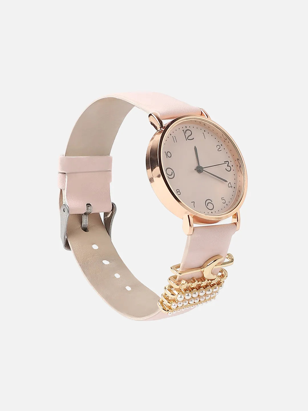 Round Analog Watch With Crescent Moon Watch Charm - Dusty Pink