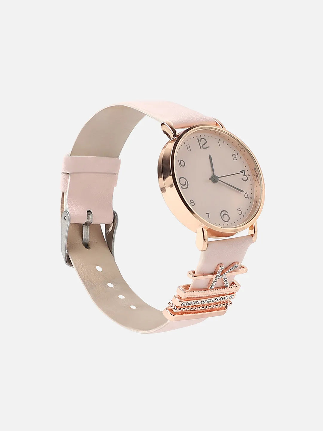 Round Analog Watch With K Initial Watch Charm - Dusty Pink