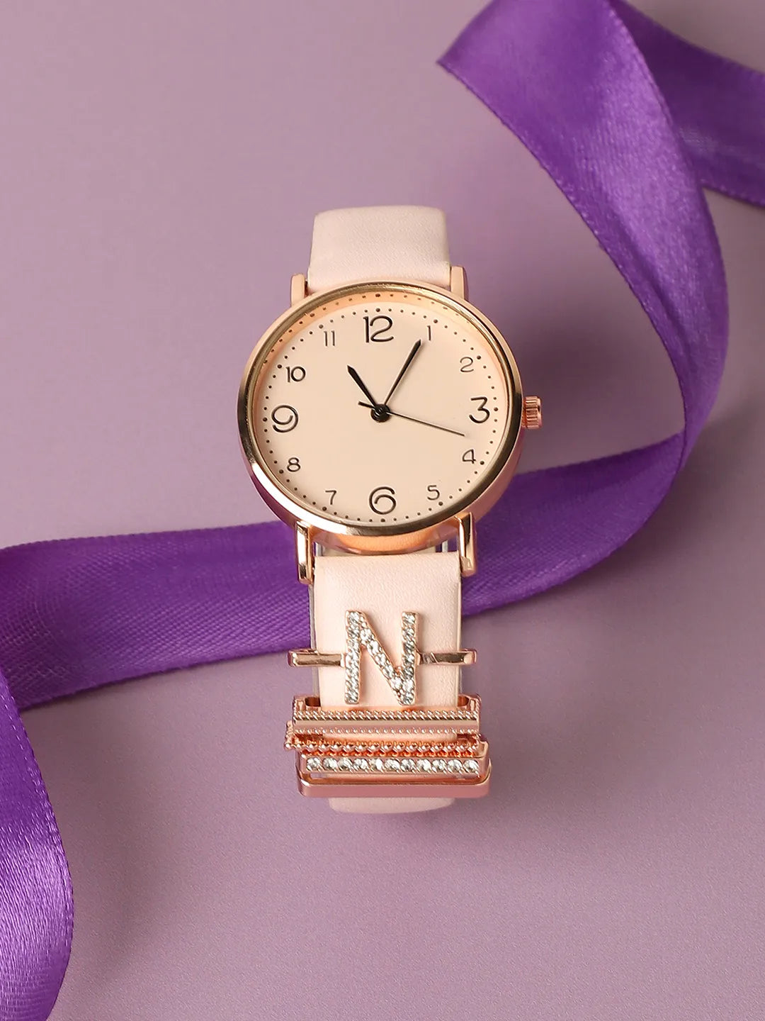Round Analog Watch With N Initial Watch Charm - Dusty Pink