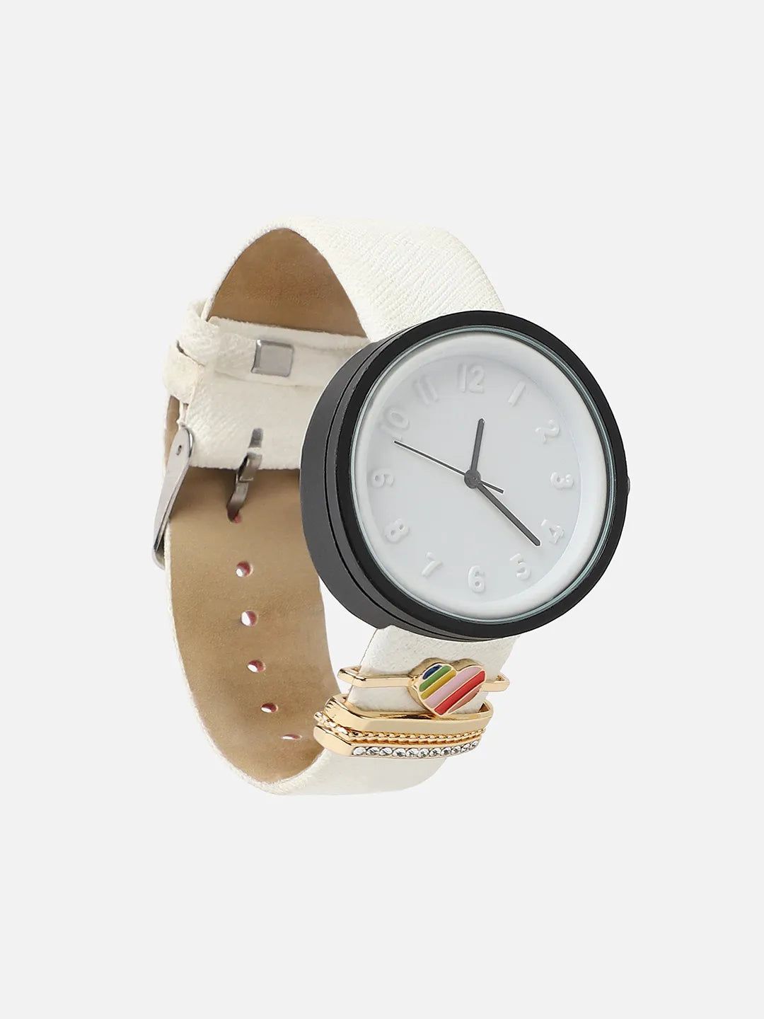 Round Analog Watch With Rainbow Heart Watch Charm - White