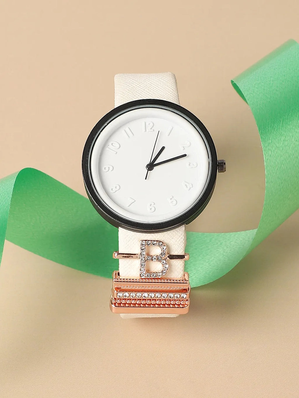 Round Analog Watch With B Initial Watch Charm - White