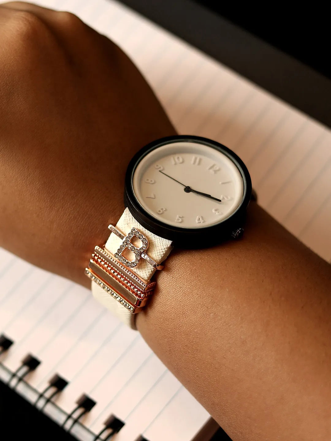 Round Analog Watch With B Initial Watch Charm - White