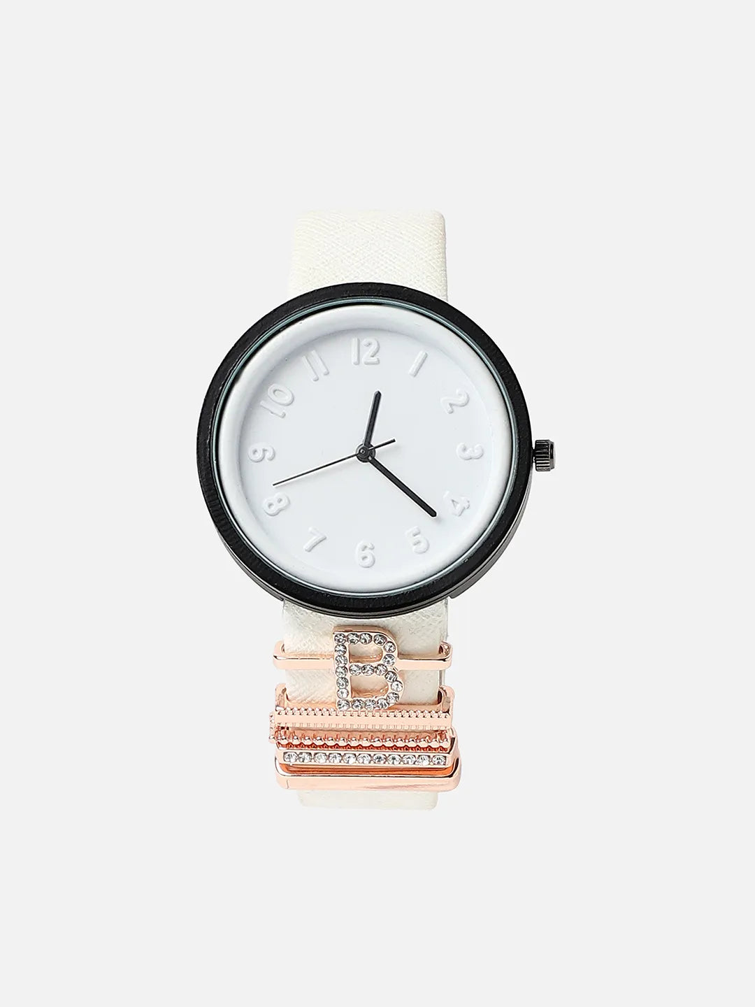 Round Analog Watch With B Initial Watch Charm - White