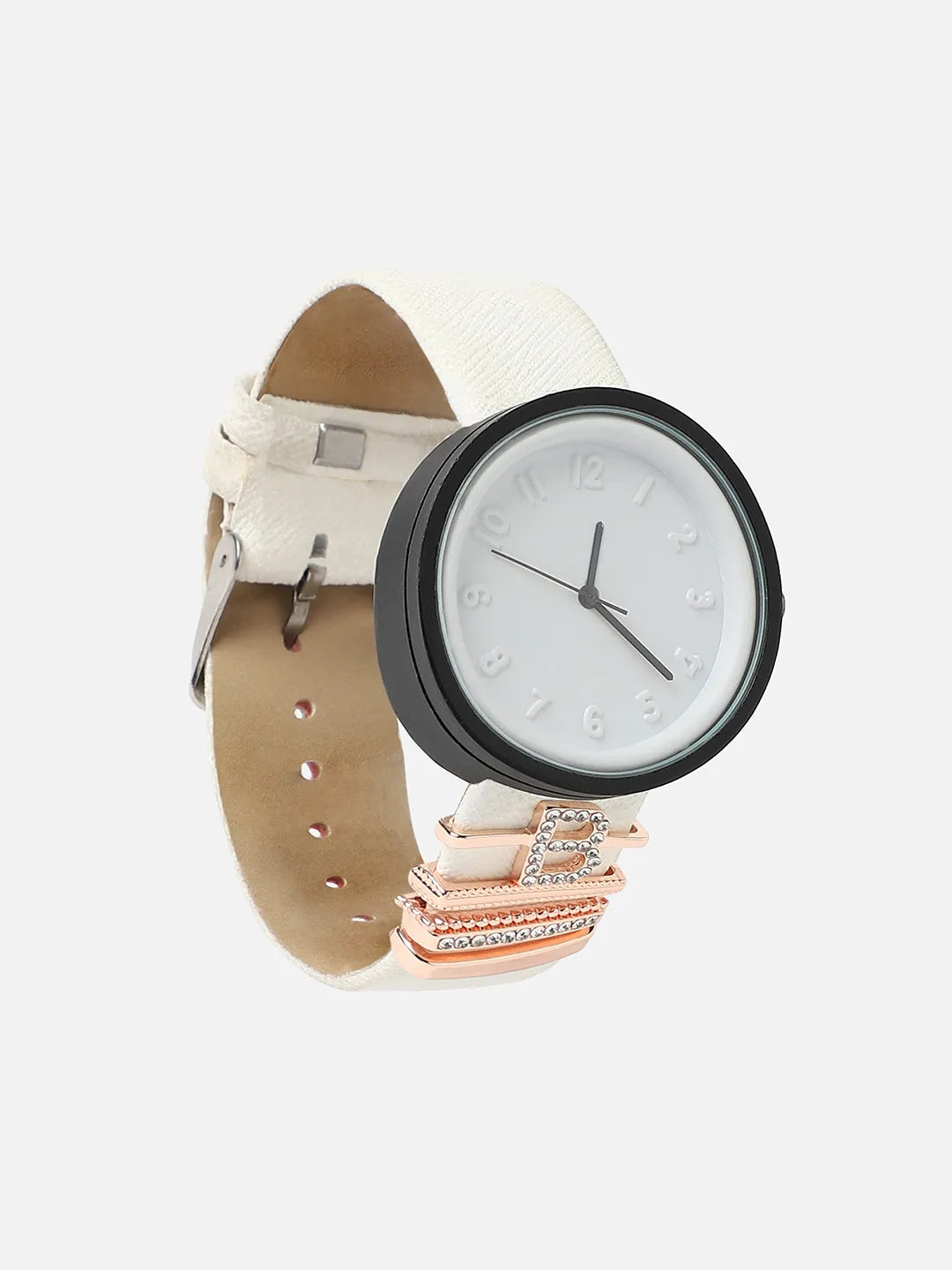 Round Analog Watch With B Initial Watch Charm - White
