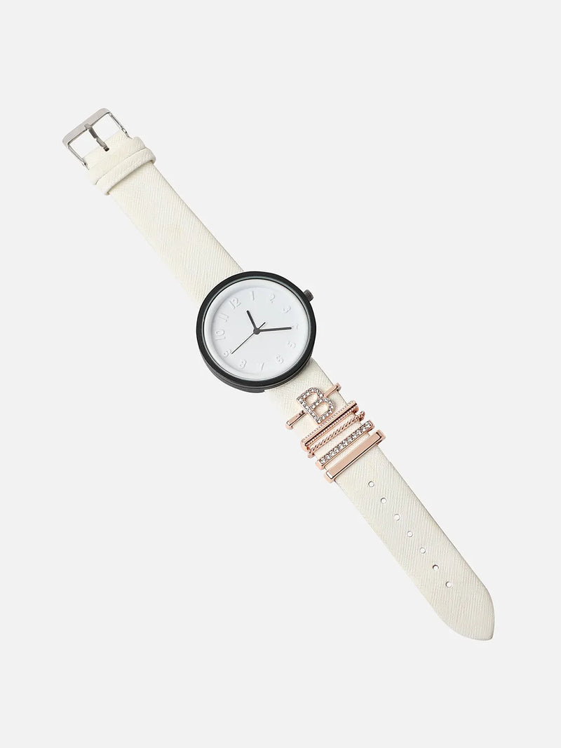Round Analog Watch With B Initial Watch Charm - White
