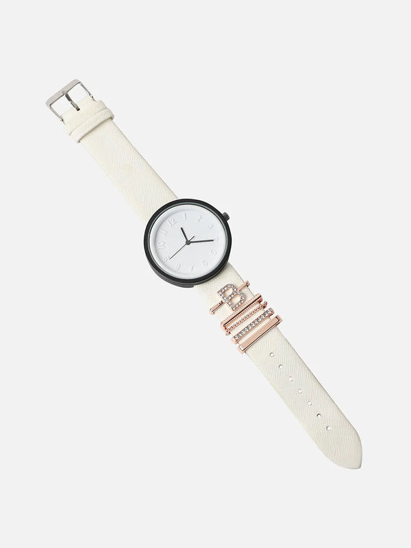 Round Analog Watch With B Initial Watch Charm - White