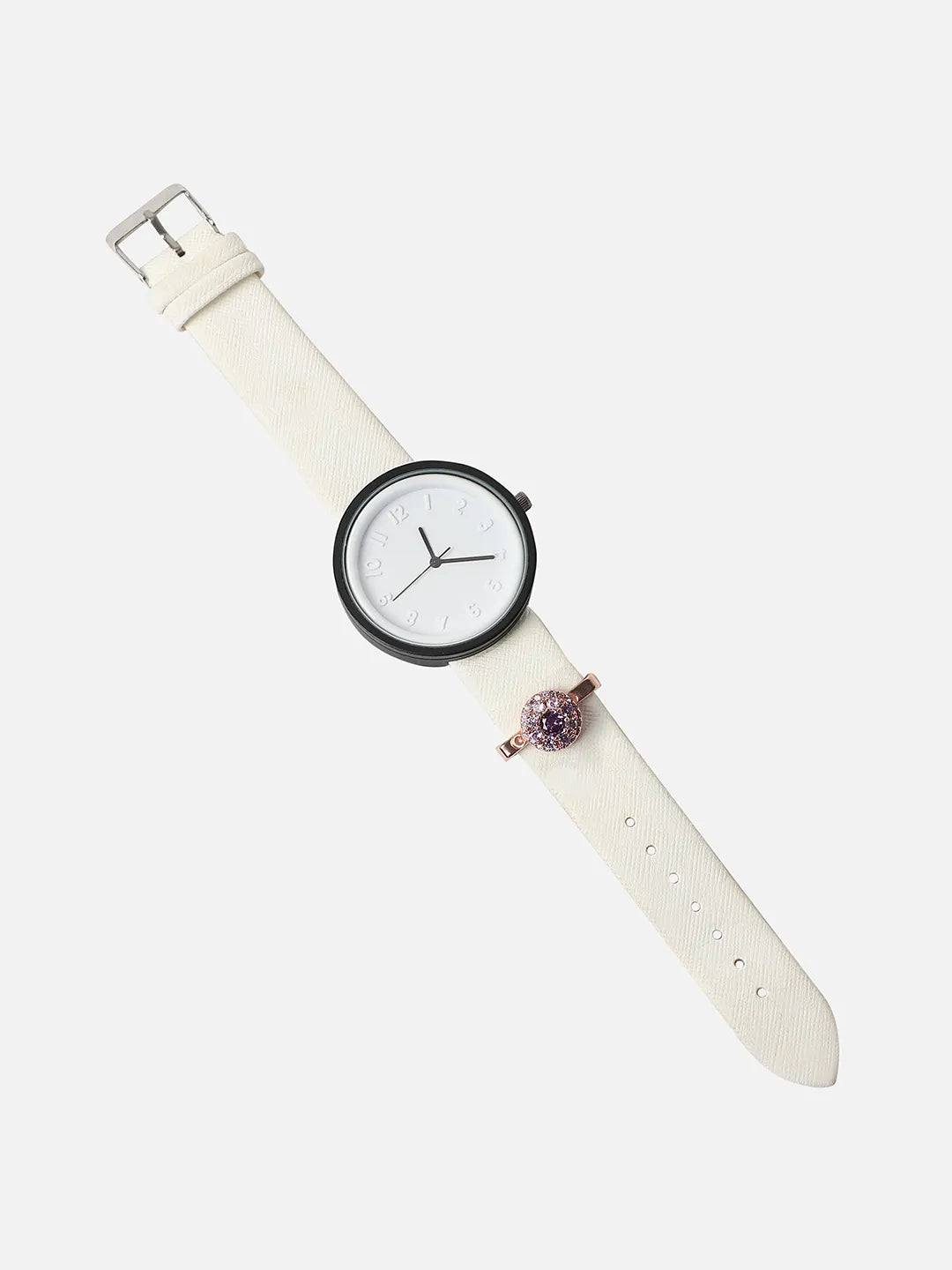 Round Analog Watch With Amethyst Watch Charm - White