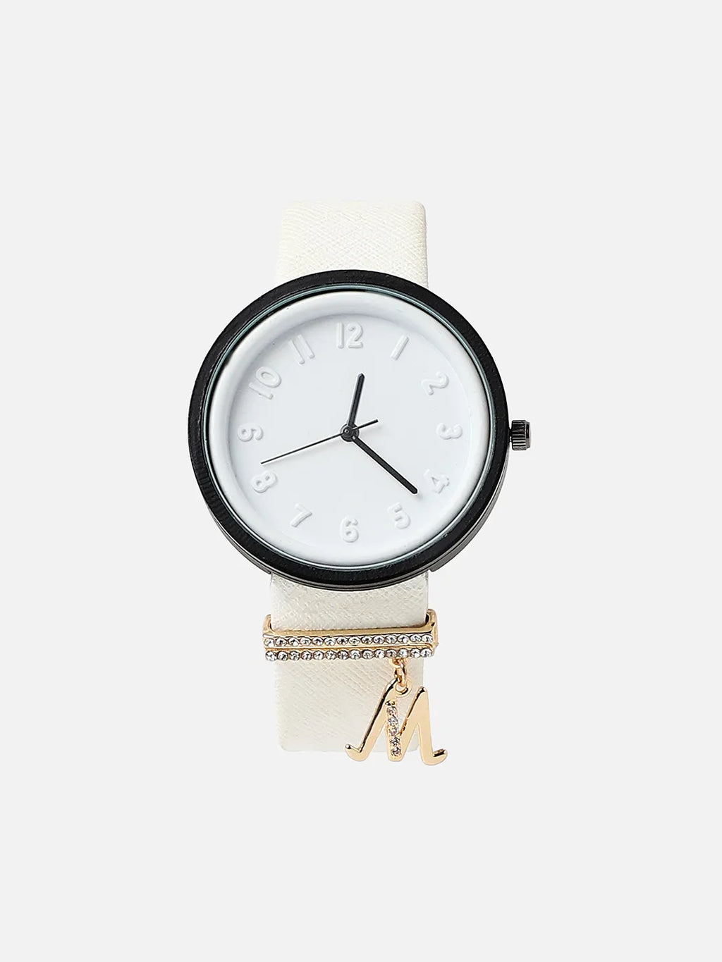 Round Analog Watch With M Liberty Initial Watch Charm - White