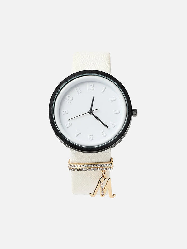 Round Analog Watch With M Liberty Initial Watch Charm - White