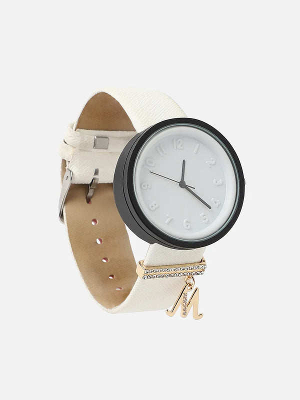 Round Analog Watch With M Liberty Initial Watch Charm - White