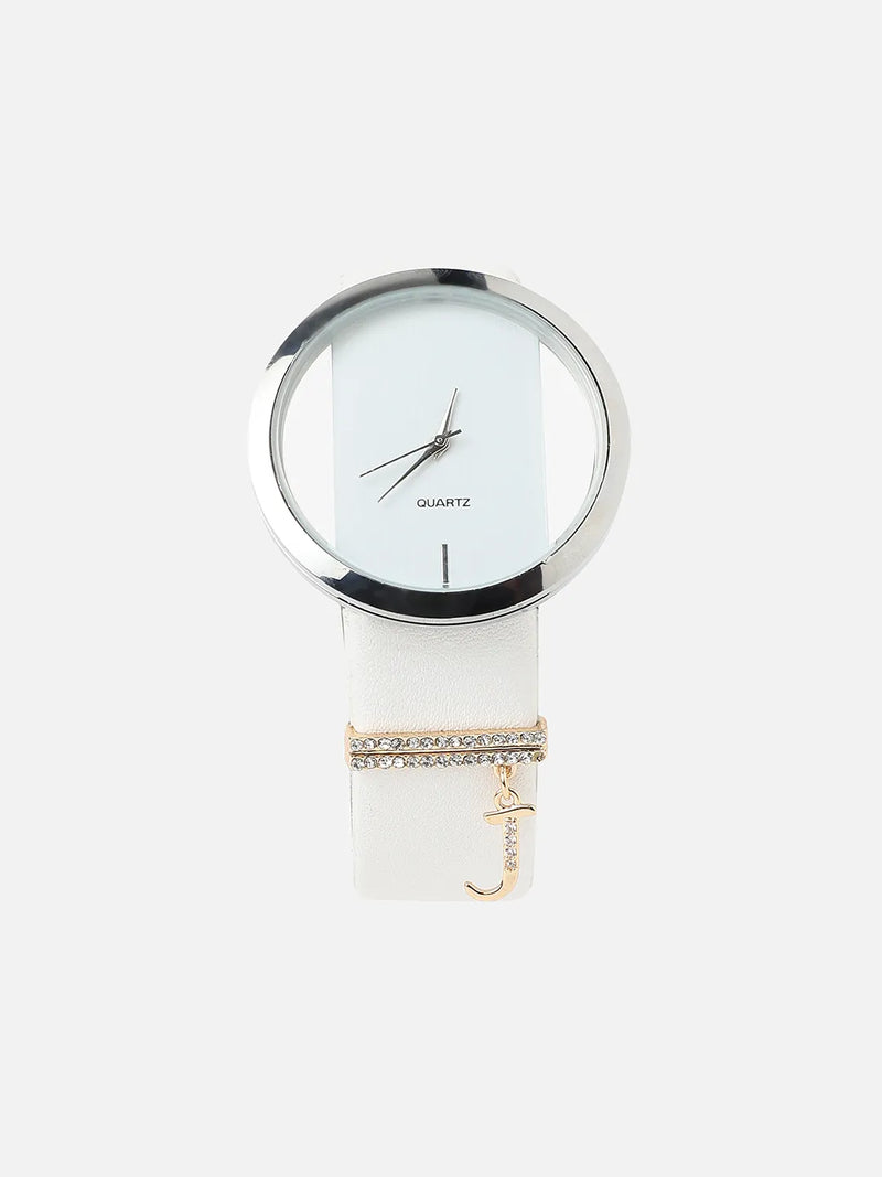 Round Analog Watch With J Liberty Initial Watch Charm - White