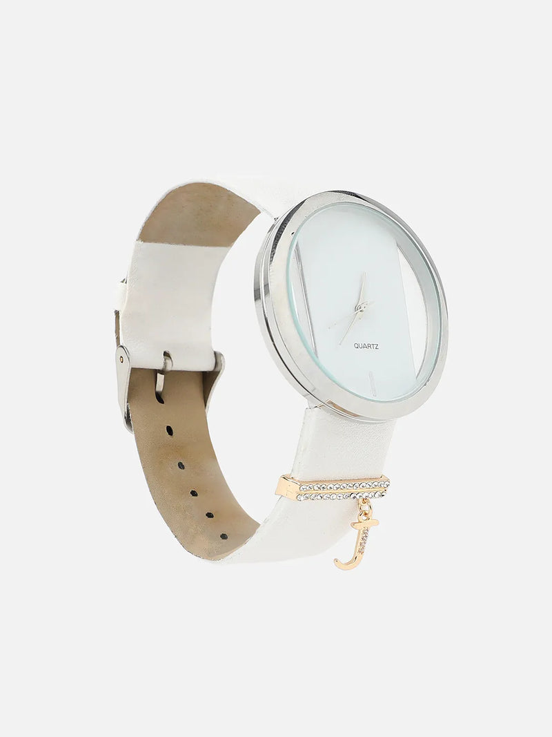 Round Analog Watch With J Liberty Initial Watch Charm - White