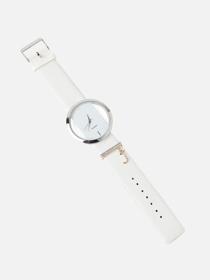 Round Analog Watch With J Liberty Initial Watch Charm - White