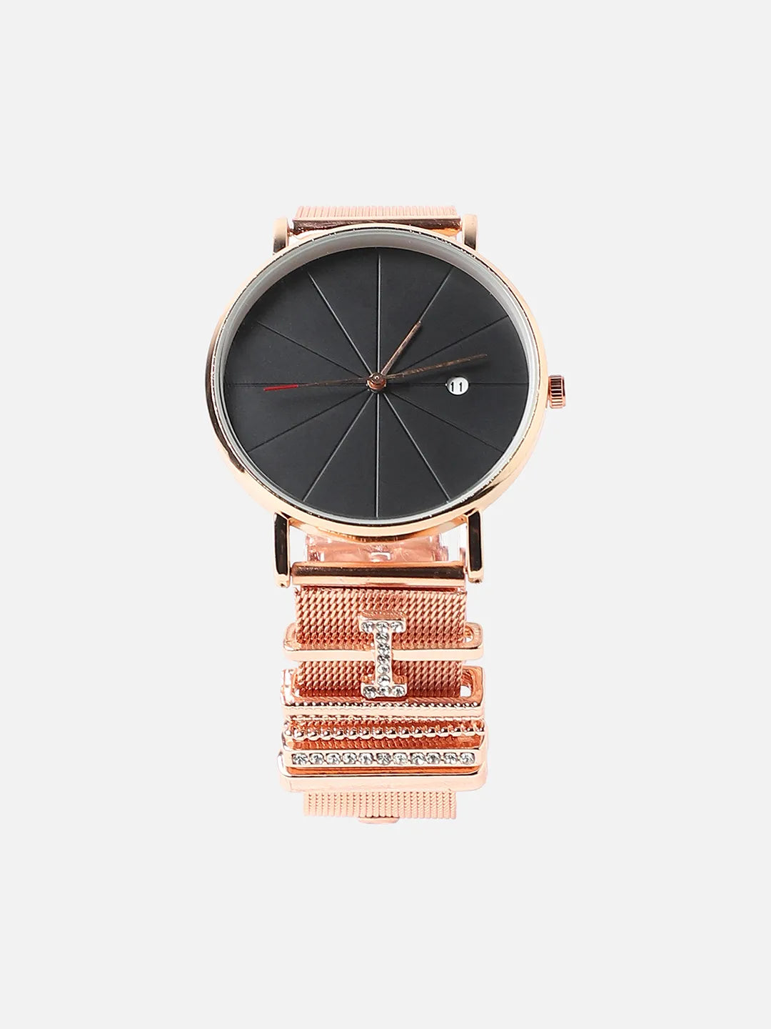 Round Analog Watch With I Initial Watch Charm - Rose Gold