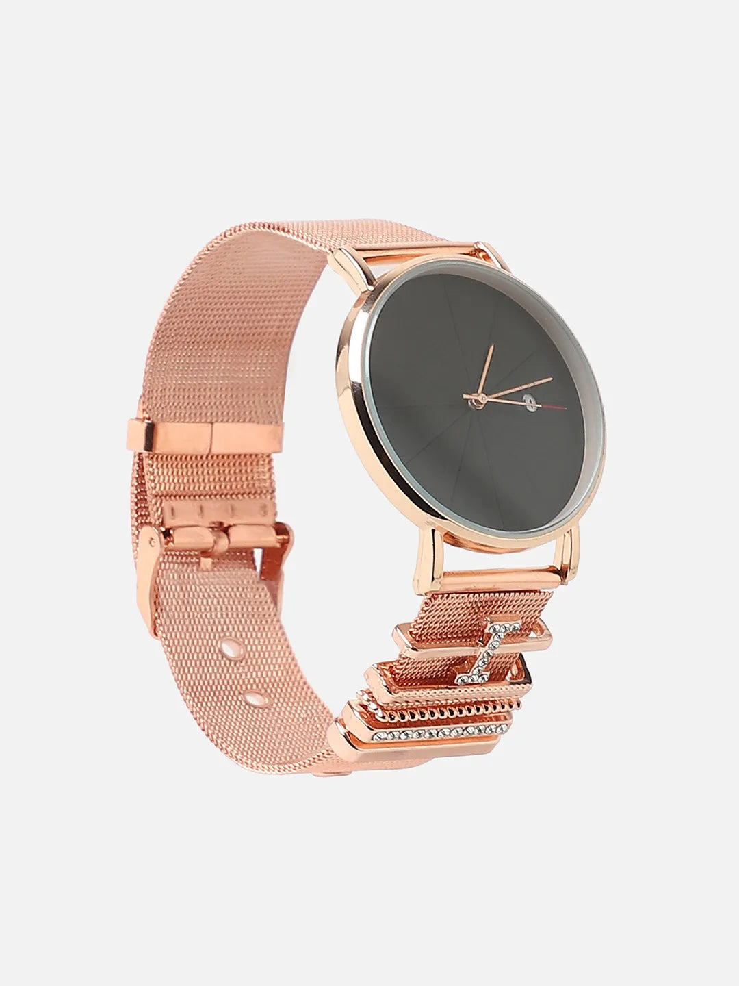 Round Analog Watch With I Initial Watch Charm - Rose Gold